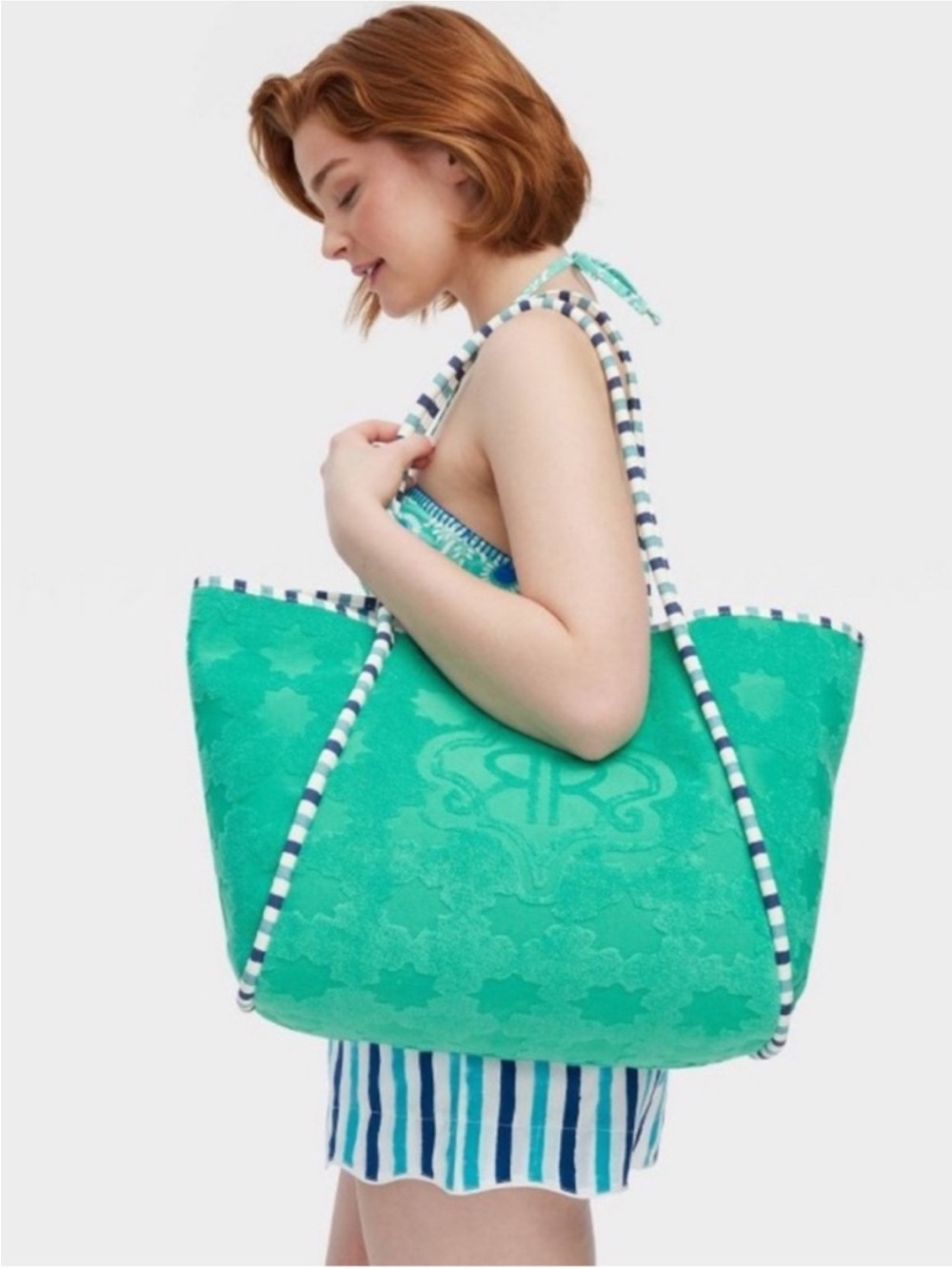 Roller Rabbit Green Star Jacquard Tote with Striped Handles